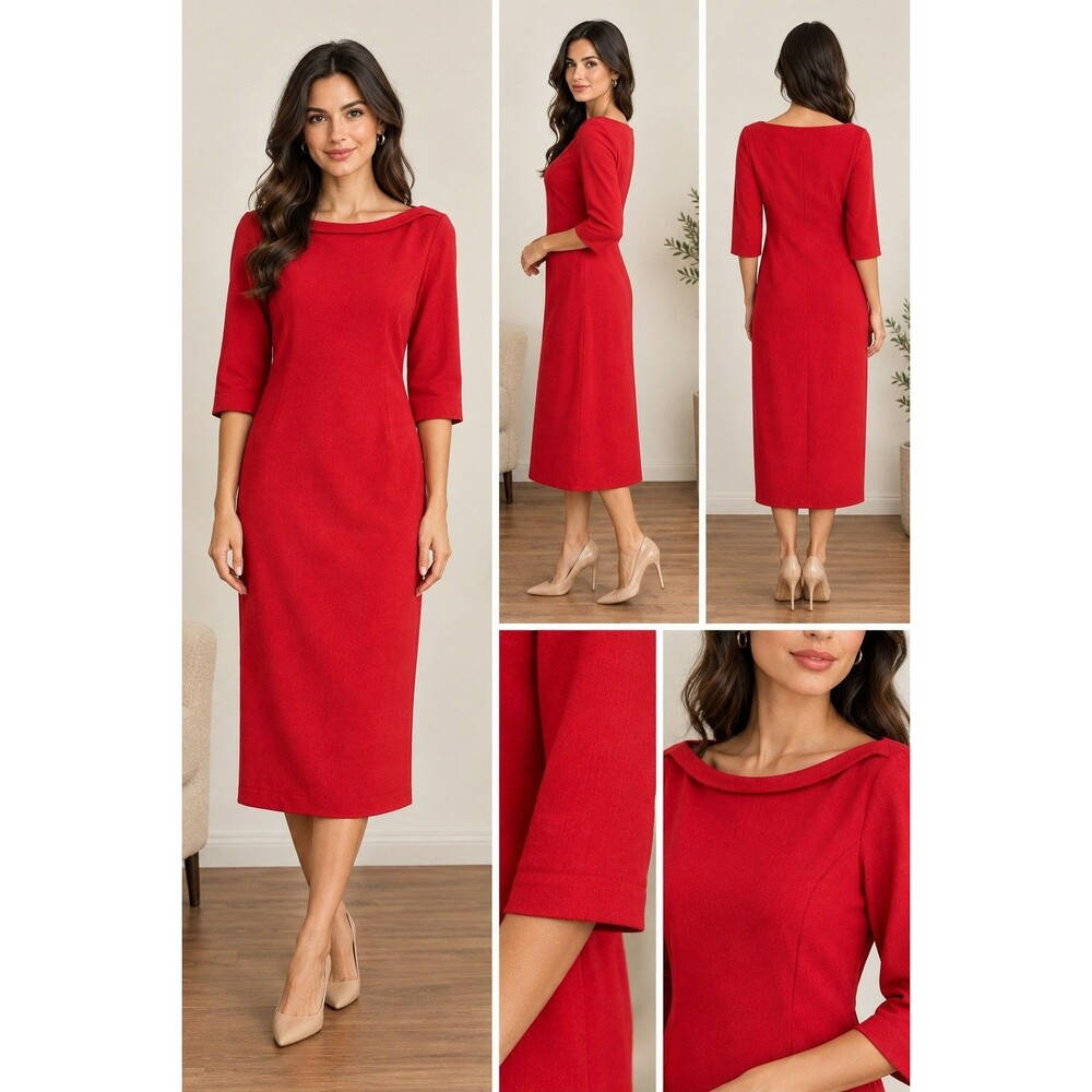 Black Halo Nuelle Boatneck 3/4 Sleeve Sheath Dress 8 Red Classic Holiday Career